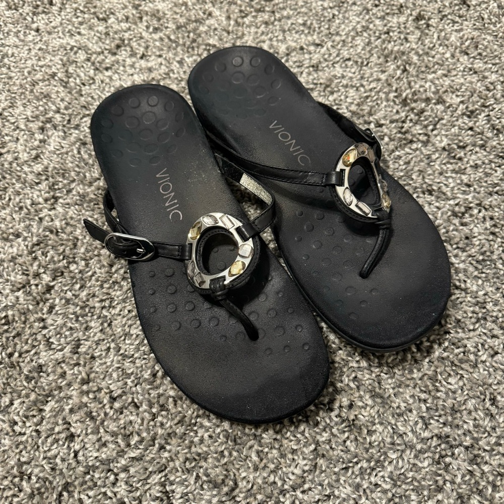 Vionic Black Silver Karina Leather Metallic Slide Slip On Sandals Flip Flops